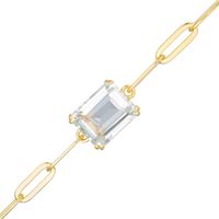 Emerald-Cut White Topaz Solitaire Paper Clip Chain Bracelet in Sterling Silver with 18K Gold Plate - 7.25"