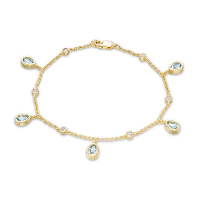Pear-Shaped Aquamarine and White Topaz Teardrop Dangle Station Bracelet in Sterling Silver with 10K Gold Plate - 7.25"