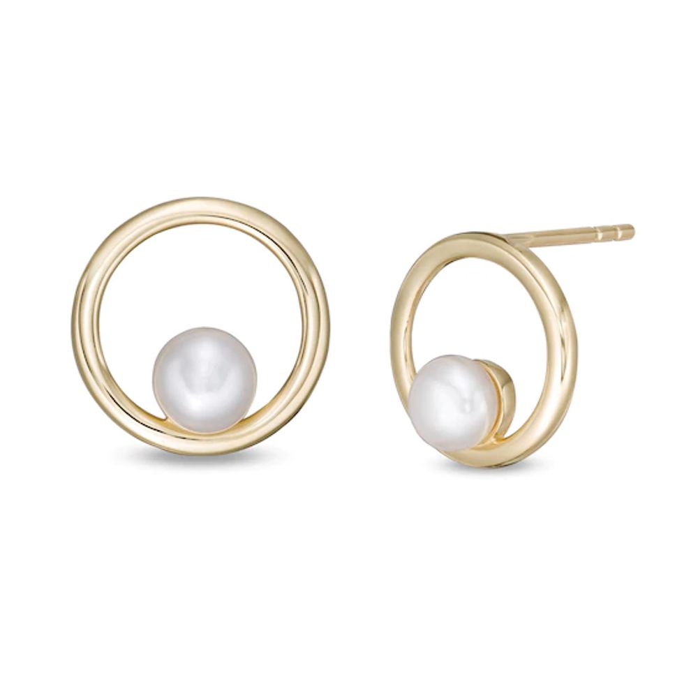 4.0mm Button Freshwater Cultured Pearl Open Circle Stud Earrings in 10K Gold