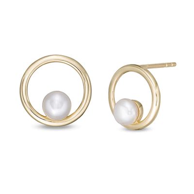 4.0mm Button Cultured Freshwater Pearl Open Circle Stud Earrings in 10K Gold