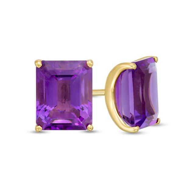 Emerald-Cut Amethyst Solitaire Stud Earrings in Sterling Silver with 18K Gold Plate