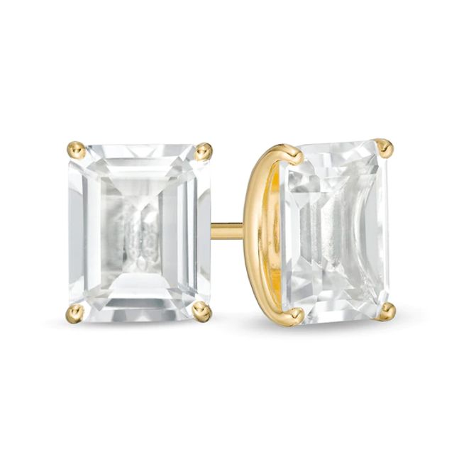 Emerald-Cut White Topaz Solitaire Stud Earrings in Sterling Silver with 18K Gold Plate