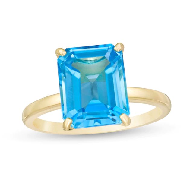 Emerald-Cut Swiss Blue Topaz Solitaire Ring in Sterling Silver with 18K Gold Plate - Size 7