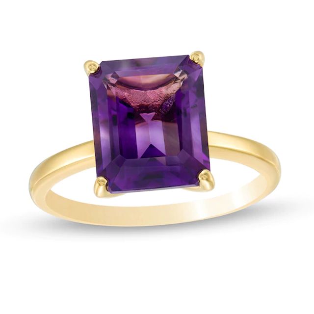 Emerald-Cut Amethyst Solitaire Ring in Sterling Silver with 18K Gold Plate - Size 7