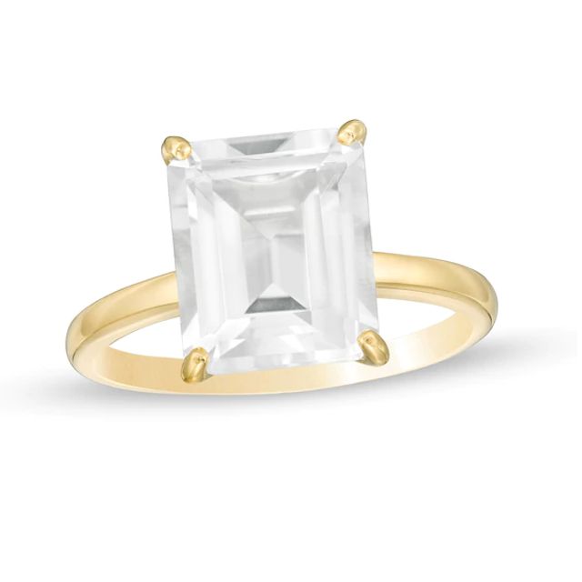 Emerald-Cut White Topaz Solitaire Ring in Sterling Silver with 18K Gold Plate - Size 7