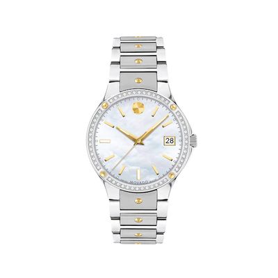 Ladies' Movado SE 1/5 CT. T.w. Diamond Two-Tone PVD Watch with Mother-of-Pearl Dial (Model: 607517)