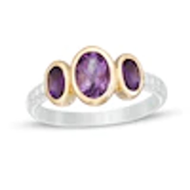 Oval Rose de France and Purple Amethyst and White Topaz Three Stone Ring in Sterling Silver and 14K Gold Plate