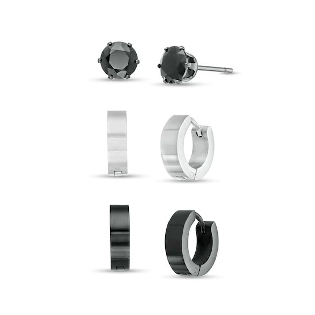 Men's 6.0mm Black Spinel Solitaire Stud and Huggie Hoop Earrings Set in Stainless Steel and Black Ion-Plate