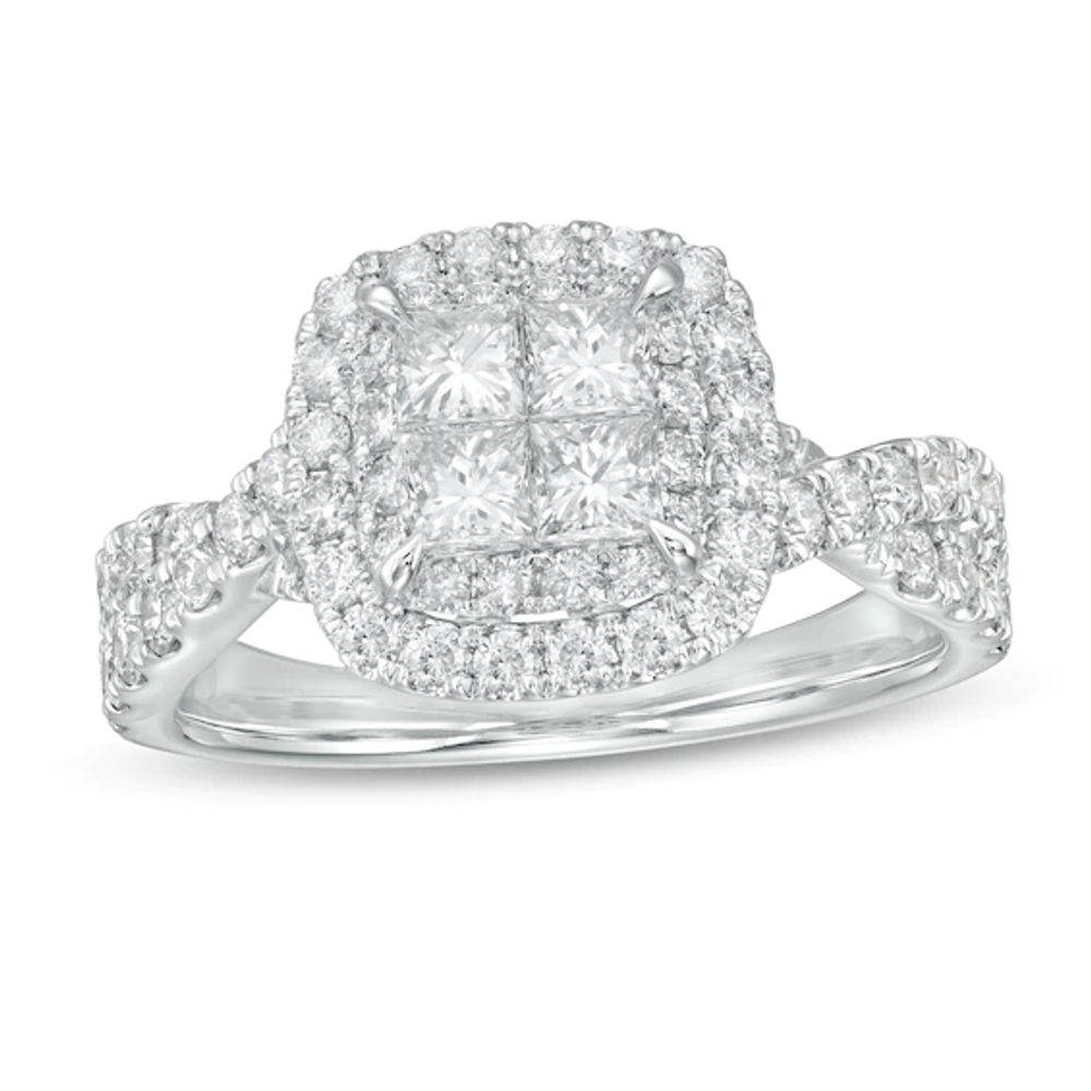 1-1/2 CT. T.w. Princess-Cut Quad Diamond Double Cushion Frame Engagement Ring in 14K White Gold