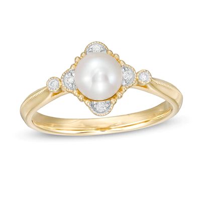 5.5-6.0mm Cultured Freshwater Pearl and 1/20 CT. T.w. Diamond Ornate Frame Side Accent Vintage-Style Ring in 10K Gold