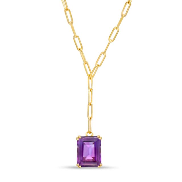 Emerald-Cut Amethyst Solitaire Paper Clip Chain "Y" Necklace in Sterling Silver with 18K Gold Plate