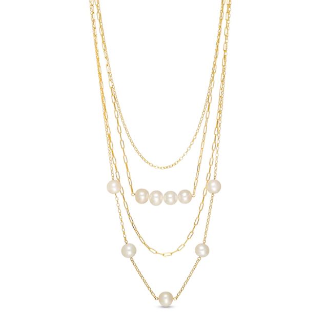 8.0-9.0mm Freshwater Cultured Pearl Cable and Rolo Chain Multi-Strand Necklace in Sterling Silver with 18K Gold Plate