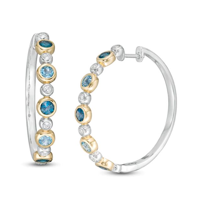 London and Swiss Blue and White Topaz Alternating Bubble Hoop Earrings in Sterling Silver and 14K Gold Plate