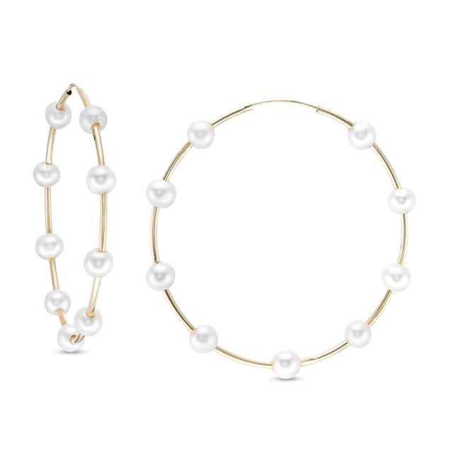 4.0-4.5mm Freshwater Cultured Pearl Station Continuous Tube Hoop Earrings in 14K Gold