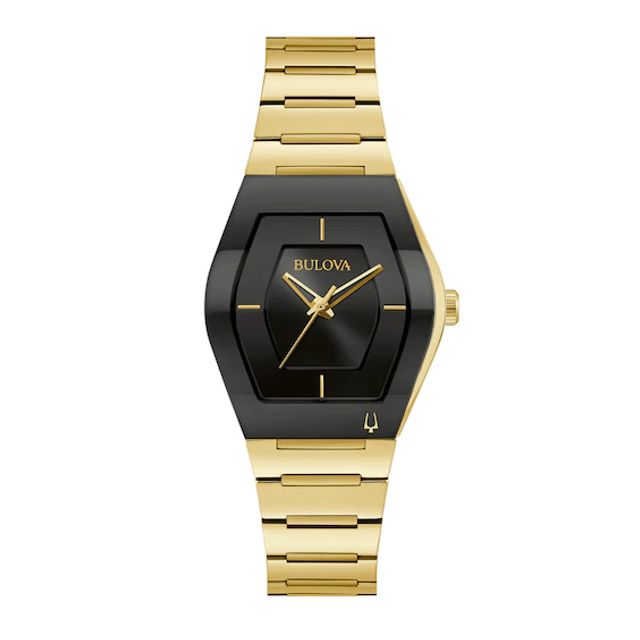 Ladies' Bulova Gemini Gold-Tone Watch with Tonneau Black Dial (Model: 97L164)