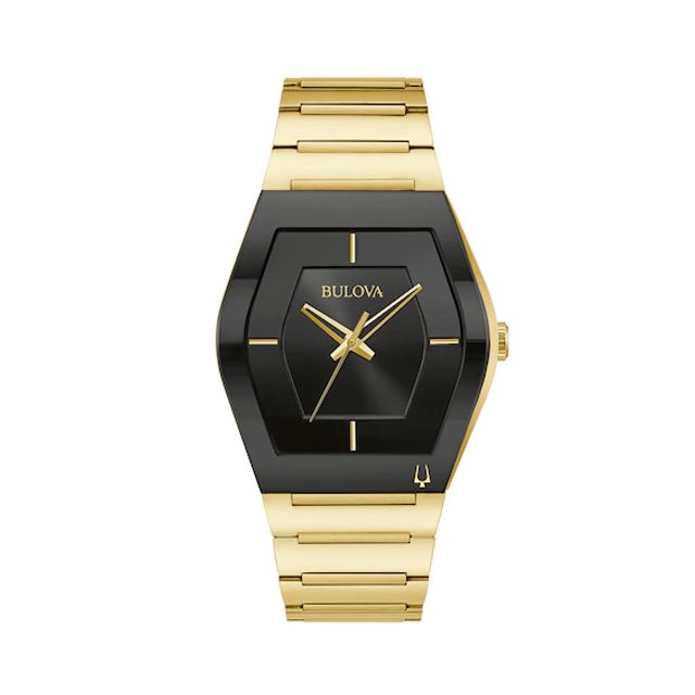 Men's Bulova Gemini Gold-Tone Watch with Tonneau Black Dial (Model: 97A164)