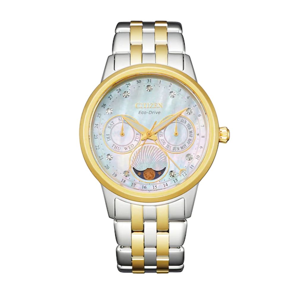 Ladies' Citizen Eco-DriveÂ® Calendrier Diamond Two-Tone Chronograph Watch with Mother-of-Pearl Dial (Model: Fd0004-51D)