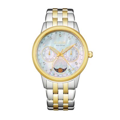 Ladies' Citizen Eco-DriveÂ® Calendrier Diamond Two-Tone Chronograph Watch with Mother-of-Pearl Dial (Model: Fd0004-51D)