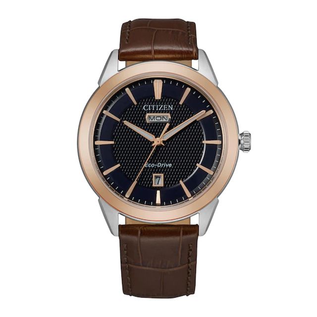 Men's Citizen Eco-DriveÂ® Corso Two-Tone Brown Strap Watch with Navy Blue Dial (Model: Aw0096-06L)