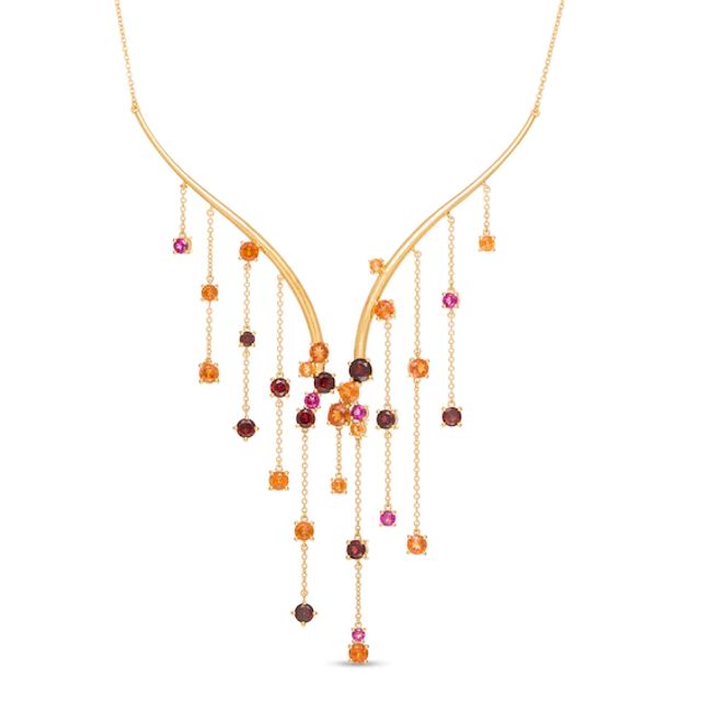 Orange and Red Garnet with Rhodolite Garnet Cascading Chain Drop "V" Necklace in Sterling Silver with 14K Gold Plate - 16.5"