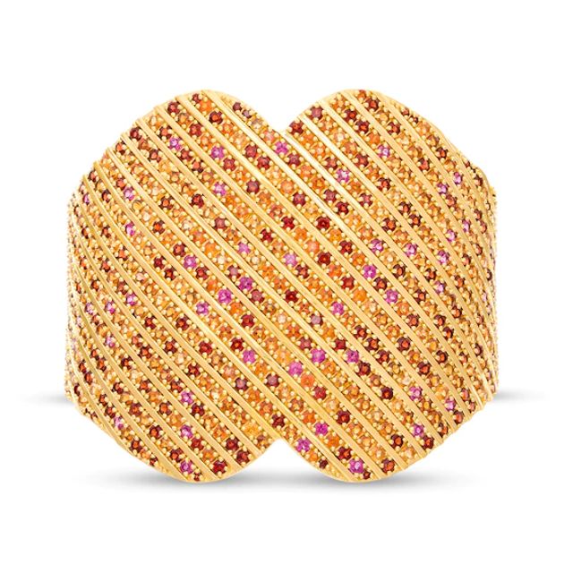 Orange and Red Garnet with Rhodolite Garnet Multi-Row Slant Heart Cuff in Sterling Silver with 14K Gold Plate