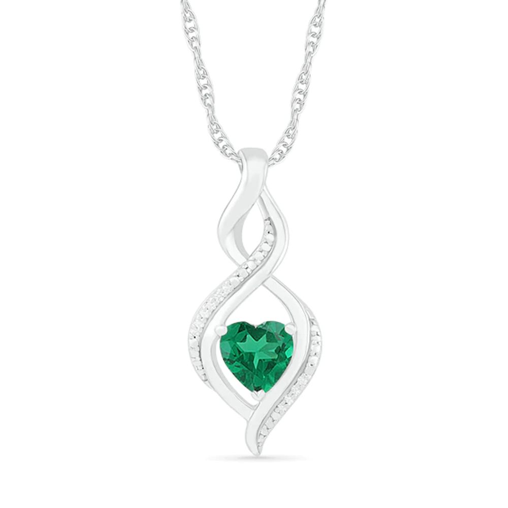 Heart-Shaped Lab-Created Emerald and Diamond Accent Infinity Flame Pendant in Sterling Silver