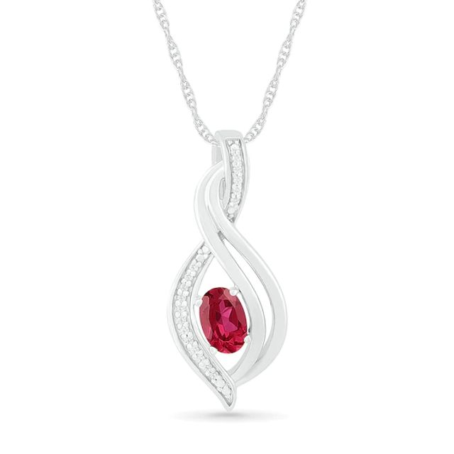 Oval Lab-Created Ruby and 1/20 CT. T.w. Diamond Flame Drop Pendant in Sterling Silver