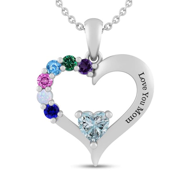 Mother's Birthstone Engravable Heart Outline Pendant (2-7 Stones and 1 Line)