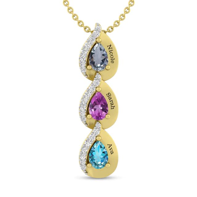 Mother's Pear-Shaped Birthstone and Lab-Created White Sapphire Triple Teardrop Pendant (3 Stones and Names)