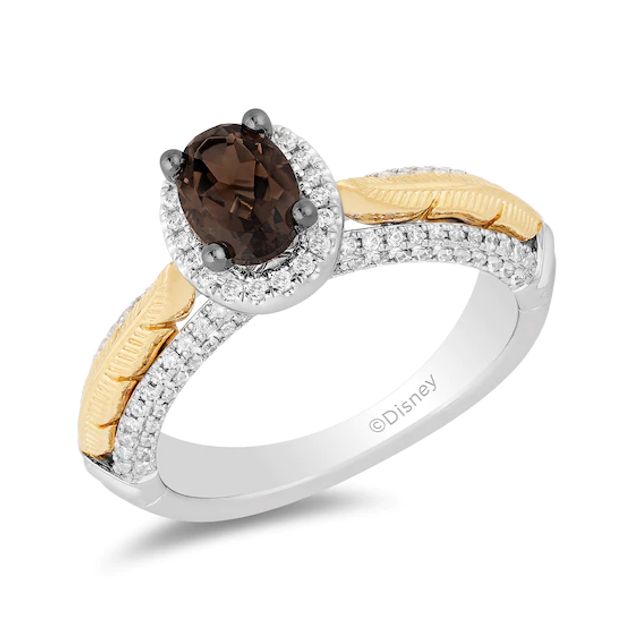 Enchanted Disney Pocahontas Oval Smoky Quartz and 1/3 CT. T.w. Diamond Frame Engagement Ring in 14K Two-Tone Gold