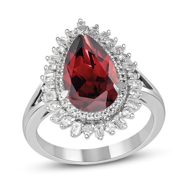 Pear-Shaped Garnet and White Lab-Created Sapphire Double Shadow Frame Split Shank Ring in Sterling Silver