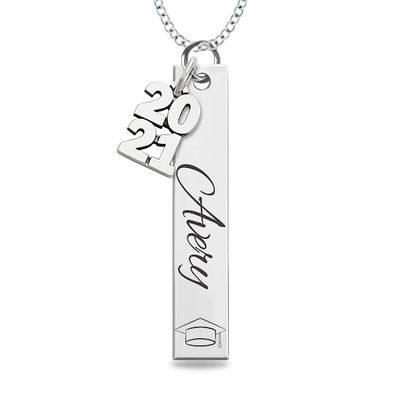 Engravable Name and Graduation Cap with Class Year Charm Vertical Bar Pendant in Sterling Silver (1 Name and Line)