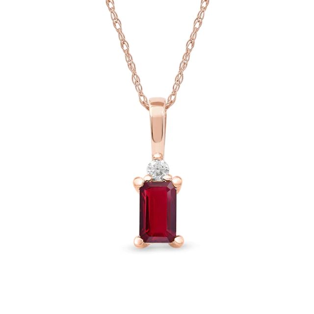 Emerald-Cut Ruby and Diamond Accent Drop Pendant in 10K Rose Gold