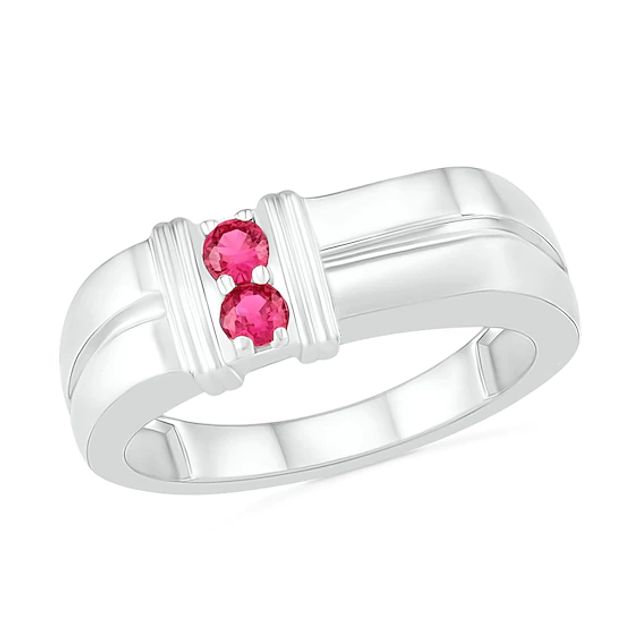 Men's 3.0mm Lab-Created Ruby Duo Collar Double Row Ring in Sterling Silver