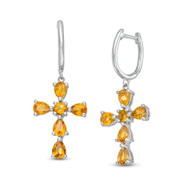 Pear-Shaped and Round Citrine Cross Drop Earrings in Sterling Silver