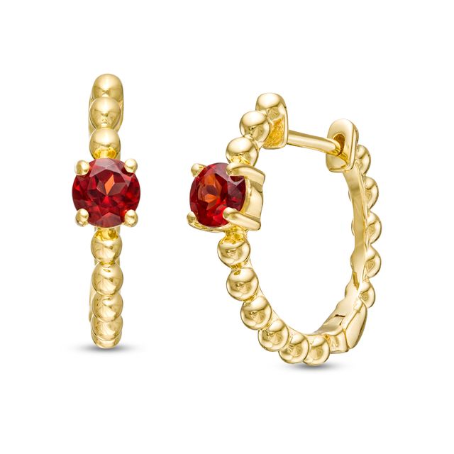 4.0mm Garnet Solitaire and Beaded Hoop Earrings in 10K Gold