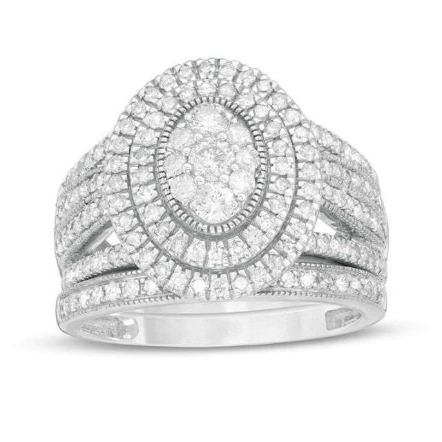 1-1/4 CT. T.w. Composite Oval Diamond Double Frame Vintage-Style Multi-Row Bridal Set in 10K White Gold