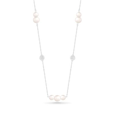 Cultured Freshwater Pearl and White Lab-Created Sapphire Cluster Alternating Station Necklace in Sterling Silver