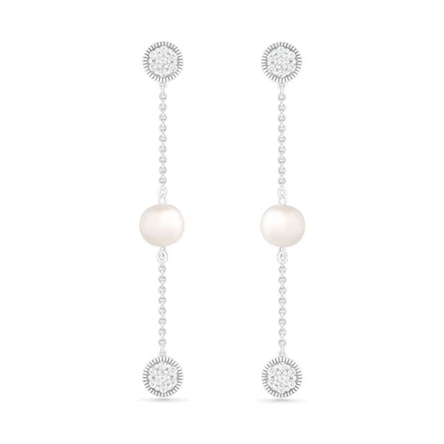 6.0mm Freshwater Cultured Pearl and White Lab-Created Sapphire Cluster Linear Triple Drop Earrings in Sterling Silver