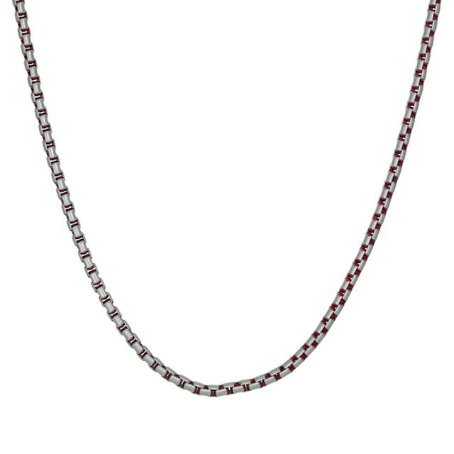 Men's 3.5mm Box Chain Necklace in Solid Stainless Steel and Red Acrylic - 24"