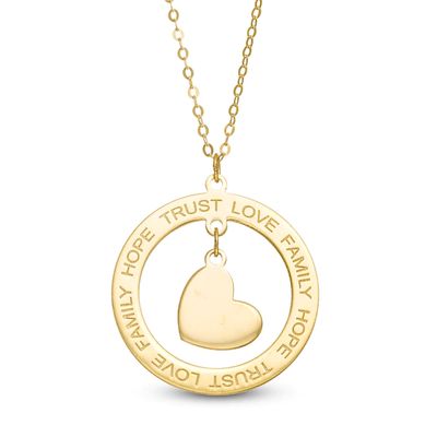 "Hope" "Trust" "Love" and "Faimly" Circle with Tilted Heart Dangle Pendant in 10K Gold