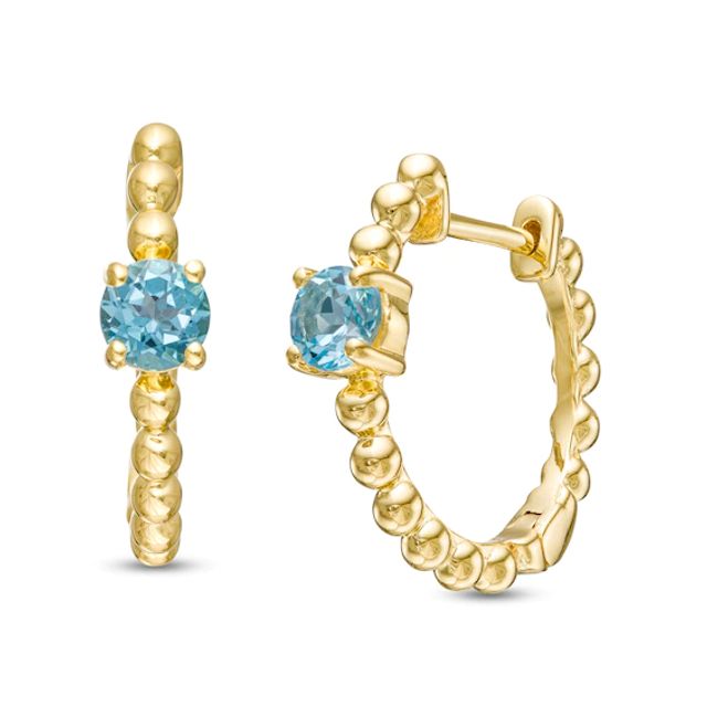 4.0mm Swiss Blue Topaz Solitaire and Beaded Hoop Earrings in 10K Gold