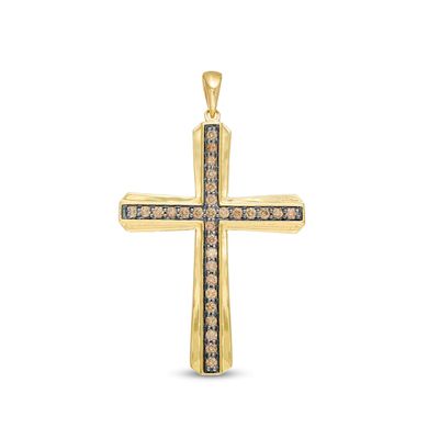 Men's 1/2 CT. T.w. Champagne Diamond Layered Cross Necklace Charm in 10K Gold and Black Rhodium