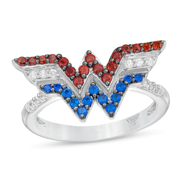 Wonder Womanâ¢ Collection Garnet, Blue Sapphire and 1/15 CT. T.w. Diamond Symbol Ring in Sterling Silver