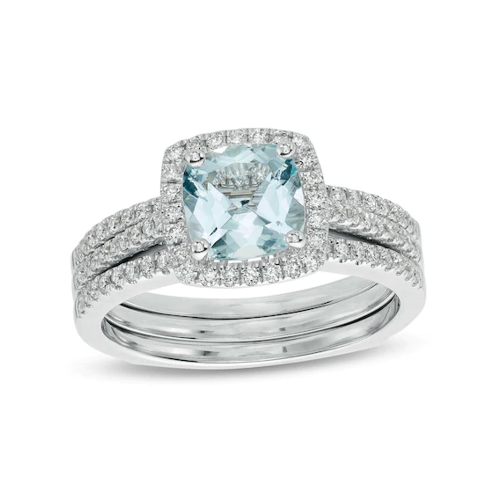 7.0mm Cushion-Cut Aquamarine and 1/2 CT. T.w. Diamond Frame Bridal Set in 14K White Gold