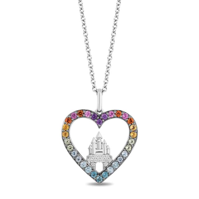 Enchanted Disney Ultimate Princess Celebration Multi-Gemstone and 1/20 CT. T.w. Diamond Heart Pendant in Sterling Silver