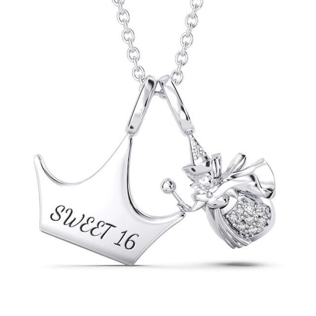 Enchanted Disney Aurora 1/20 CT. T.w. Diamond Fairy Godmother and Crown Charm Pendant in Sterling Silver (1 Line)