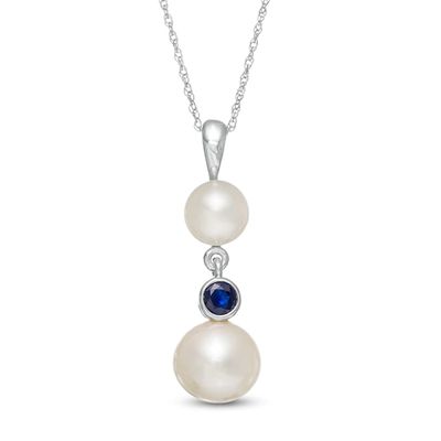 Button Freshwater Cultured Pearl and Blue Sapphire Double Drop Pendant in 10K White Gold