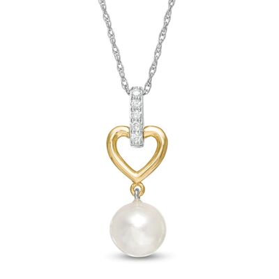 8.0mm Freshwater Cultured Pearl and 1/15 CT. T.w. Diamond Heart Drop Pendant in 10K Gold and Sterling Silver
