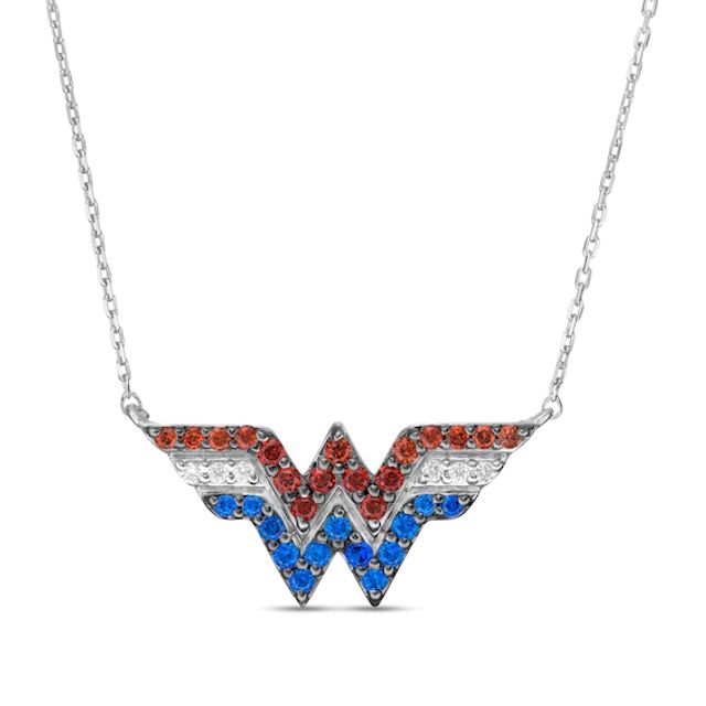 Wonder Womanâ¢ Collection Garnet, Blue Sapphire and 1/20 Diamond CT. T.w. Symbol Necklace in Sterling Silver - 18"